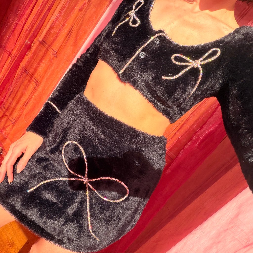 For Love And Lemons Black Cropped Cardigan And Black Mini Skirt Set